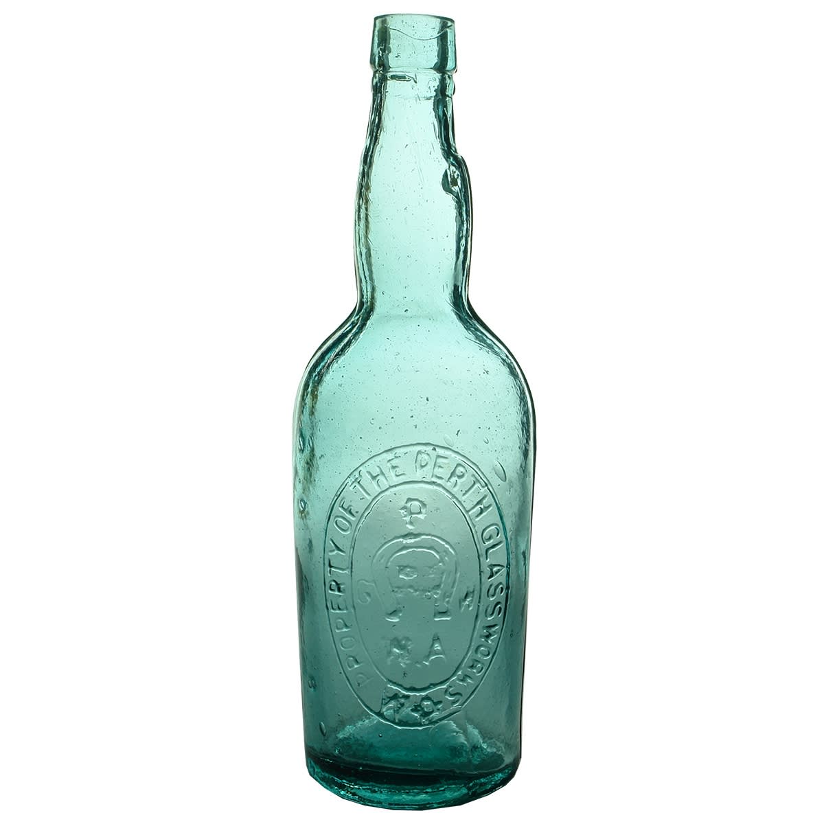 Wine or Spirits. Perth Glassworks in Oval Badge. Light Blue-Green. 26 oz. (Western Australia)