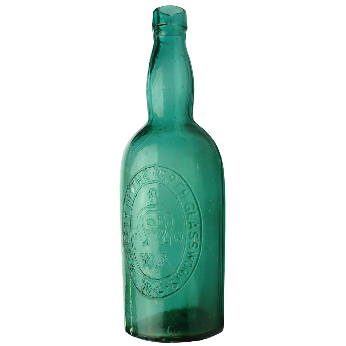 Wine or Spirits. Perth Glassworks in Oval Badge. Dark Green. 26 oz. (Western Australia)