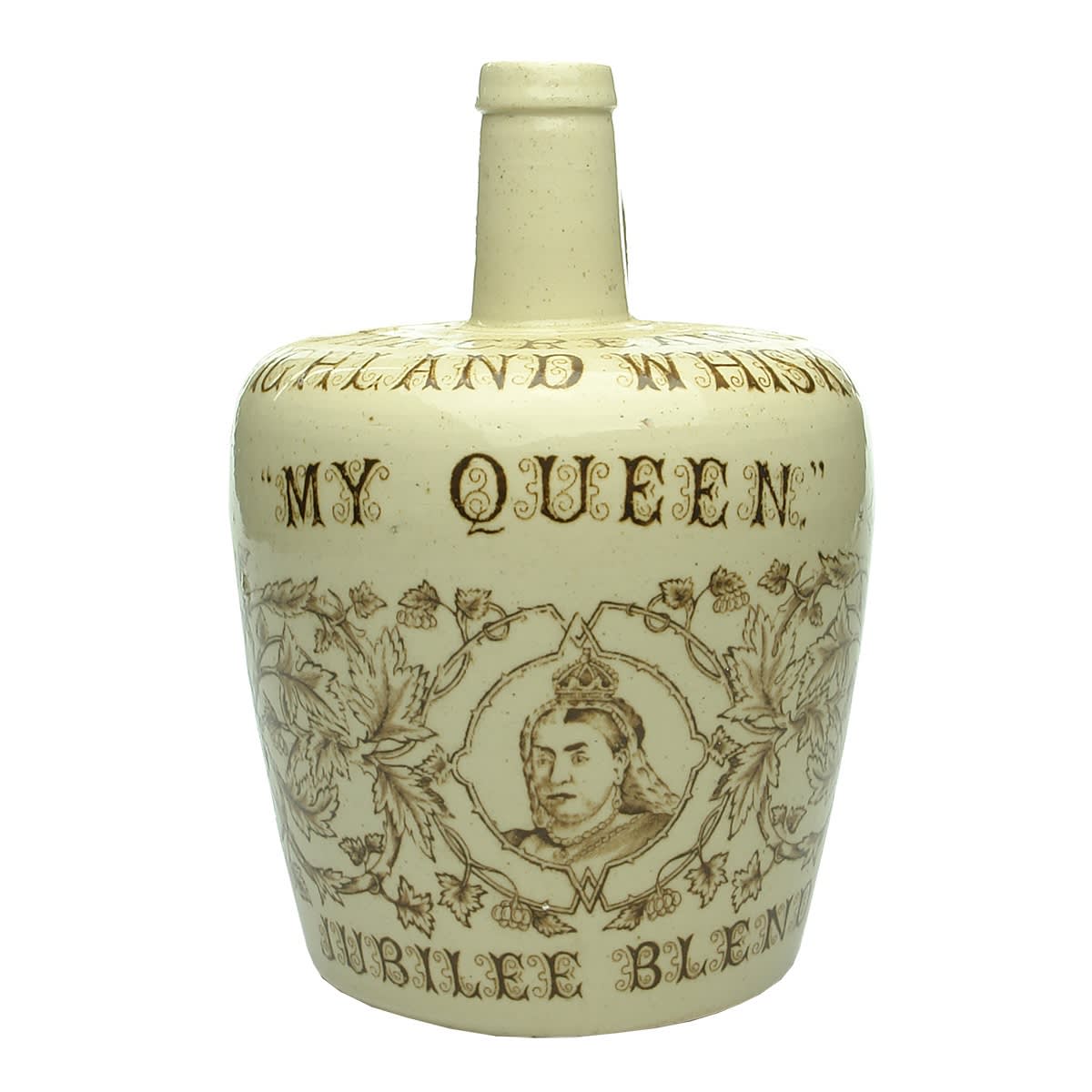 Whisky Jug. My Queen Jubilee Blend. Thom & Cameron Limited, Glasgow. Sepia Print. Quart.