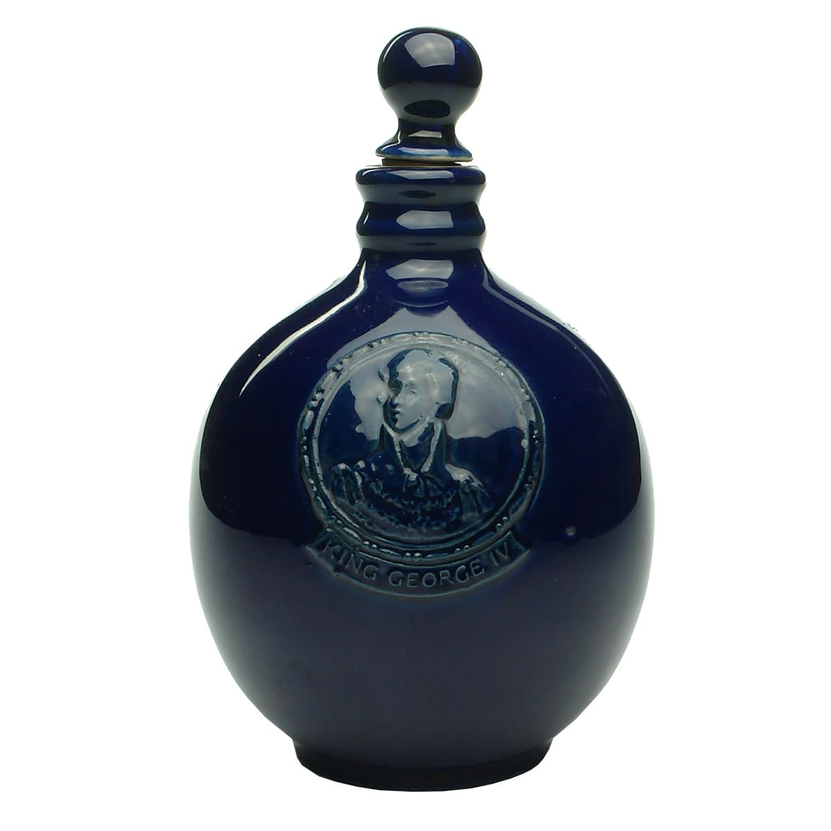 Whisky Jug. King George IV. Dark Blue round jug with original stopper. Royal Doulton Lambeth.
