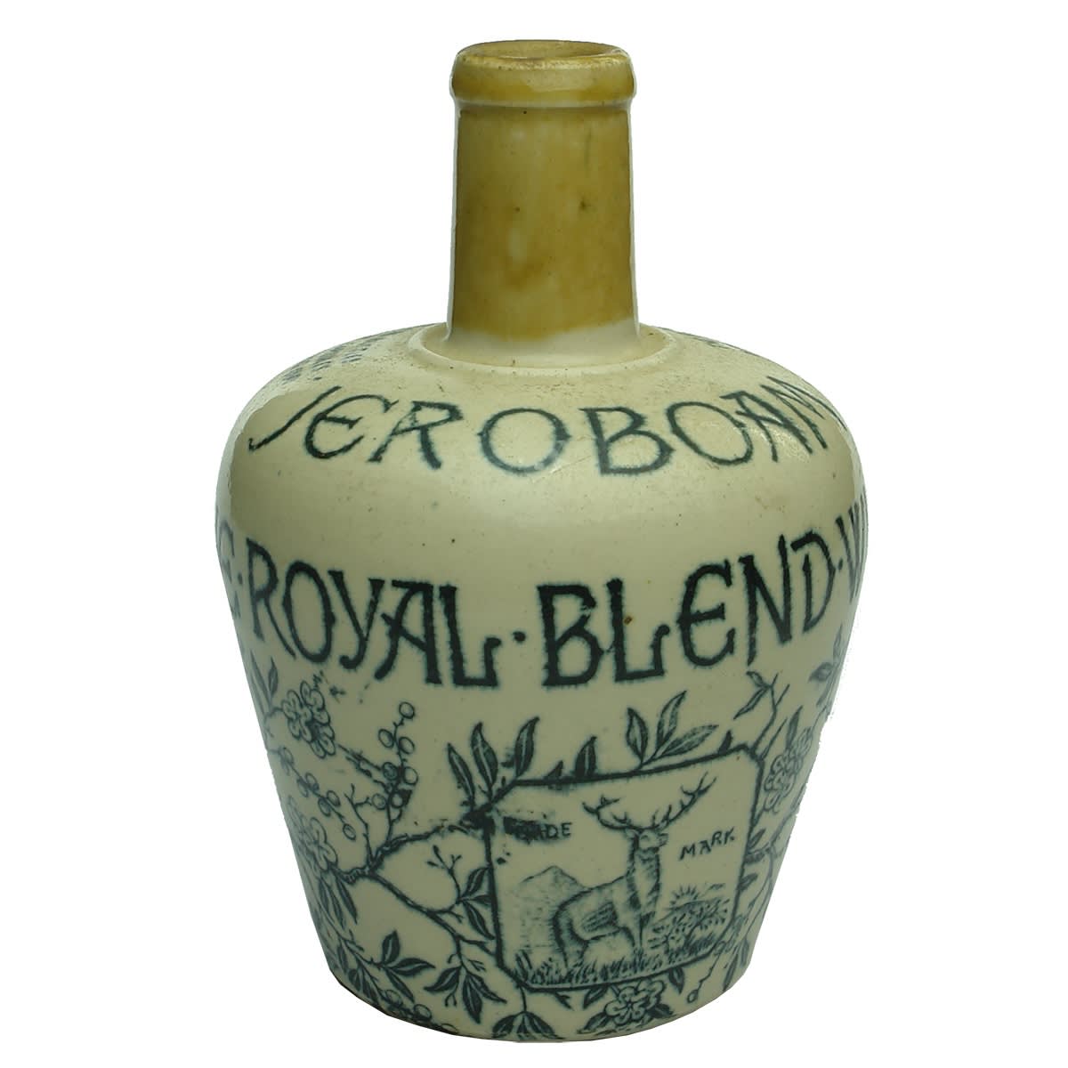 Whisky Jug. Jeroboam. The Royal Blend. Thomson & Co., Glasgow. Tan Top. Quart.