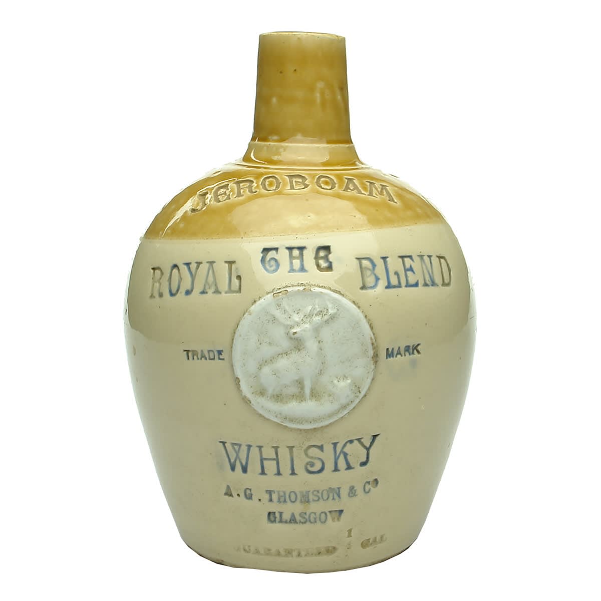 Whisky Jug. A. G. Thomson & Co., Glasgow. The Royal Blend. Jeroboam. White slab seal. Stag.