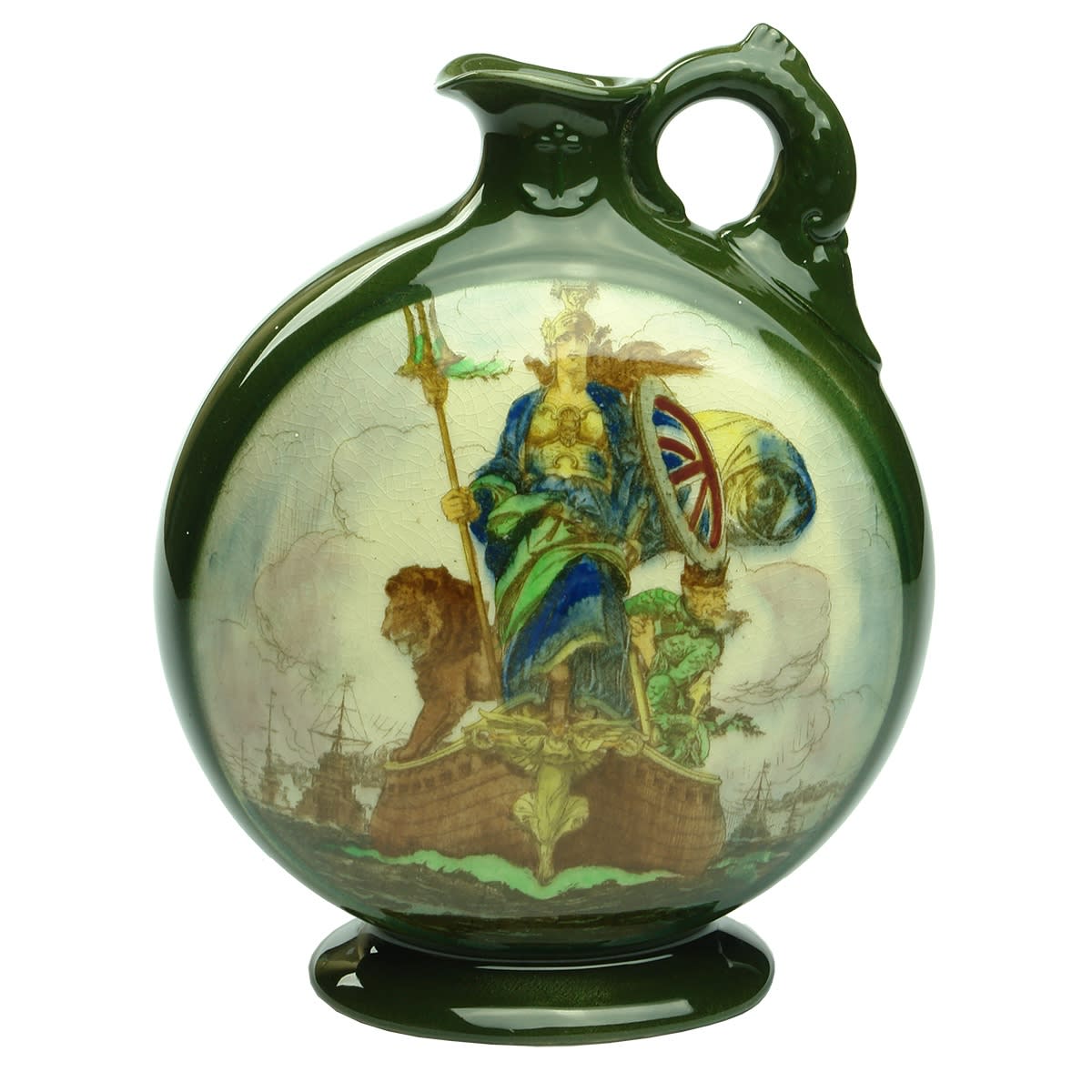 Kingsware Whisky Jug. Britannia. Dewar's Whisky. Green background. Royal Doulton.
