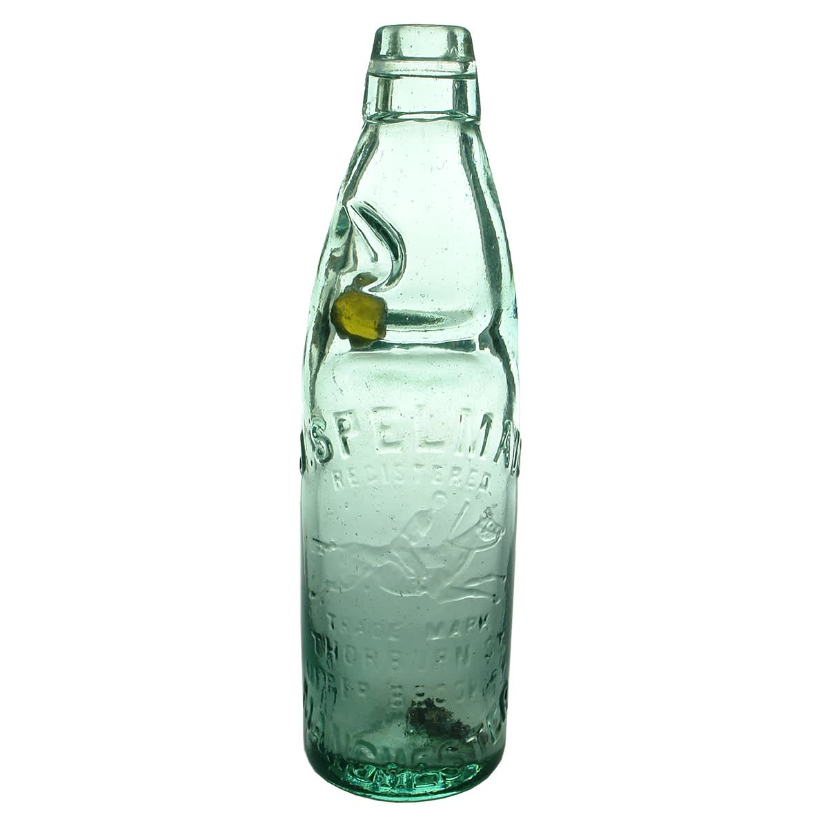 Codd. J. Spelman, Manchester. Horse and Rider. One Way Pour. Olive Green Marble. Aqua. 10 oz. (United Kingdom)