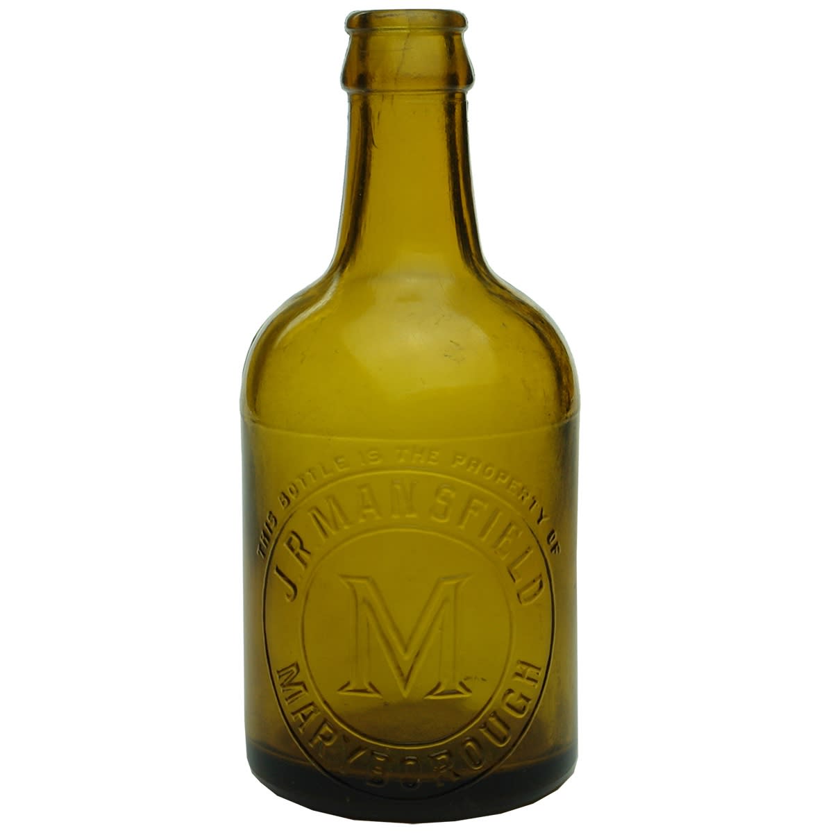Crown Seal. J. R. Mansfield, Maryborough. Dump. Mid Amber. 10 oz. (Queensland)