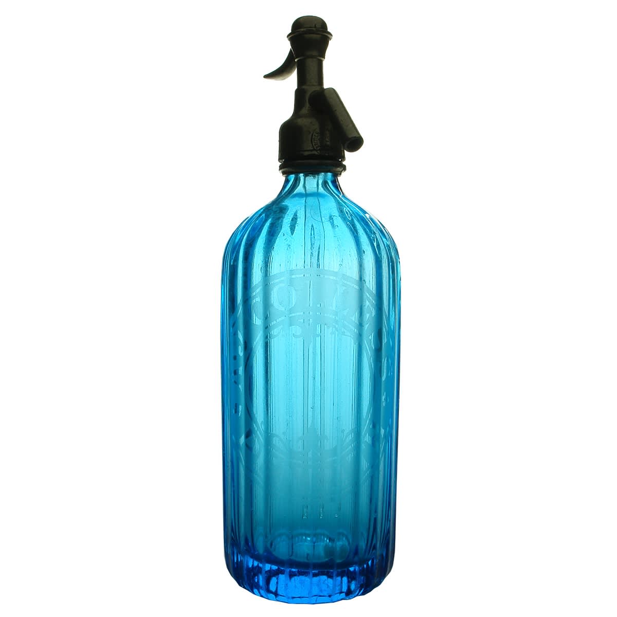 Soda Syphon. A. J. Colless, Penrith. Turquoise Blue. Fine fluted Pall Mall shape. British Syphon Co. (New South Wales)