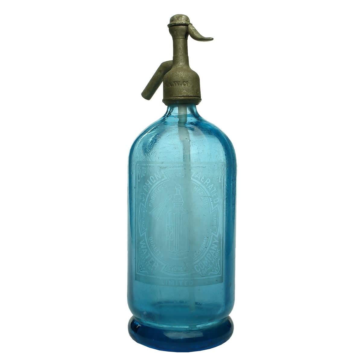 Soda Syphon. Syphon Aerated Water Company. London New York Paris Sydney. Light blue. Internal Panels. Larger size. 35 oz. (New South Wales)