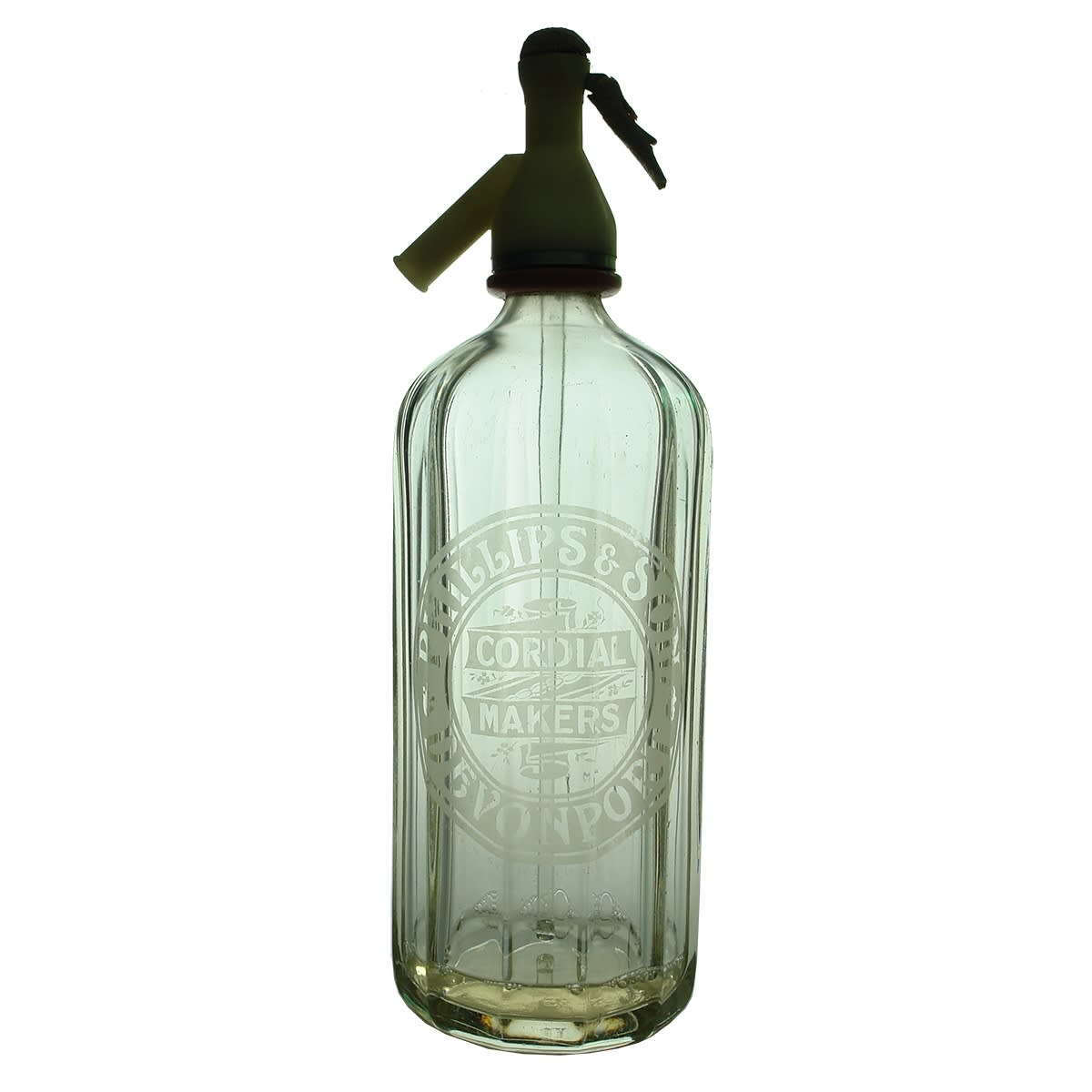 Syphon. Phillips & Son, Devonport. Panelled. Clear. 30 oz. (Tasmania)