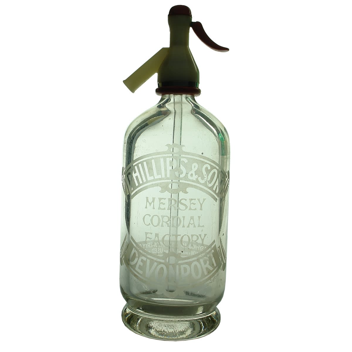 Syphon. Phillips & Son, Mersey Cordial Factory, Devonport. Round. Clear. 30 oz. (Tasmania)