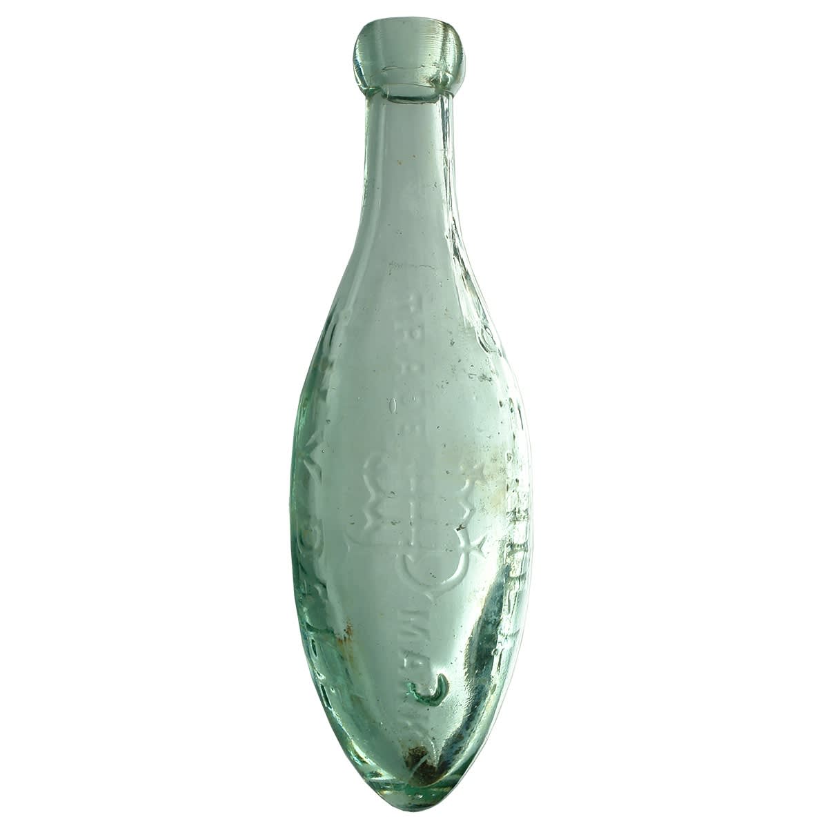 Torpedo. J. P. Hill, Lilydale. Monogram. Kilner Bros made. Aqua. 10 oz. (Victoria)