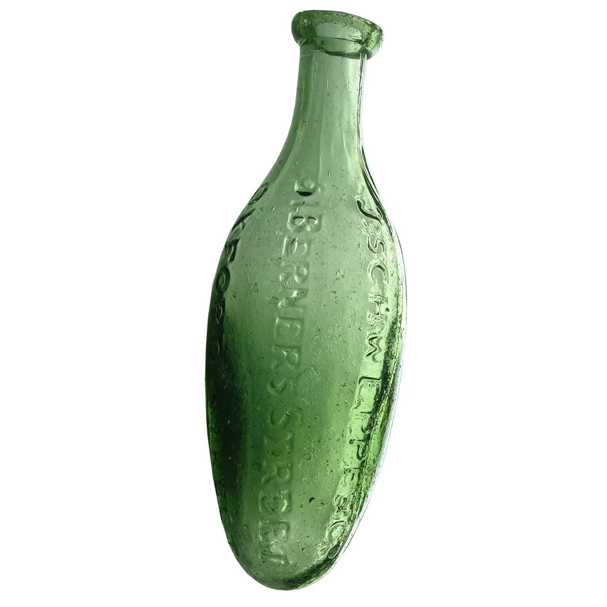 Torpedo. J. Schweppe & Co. Berners Street, Oxford Street. Crude thin lip with folds over the top. Light Green Aqua. 10 oz. (United Kingdom)