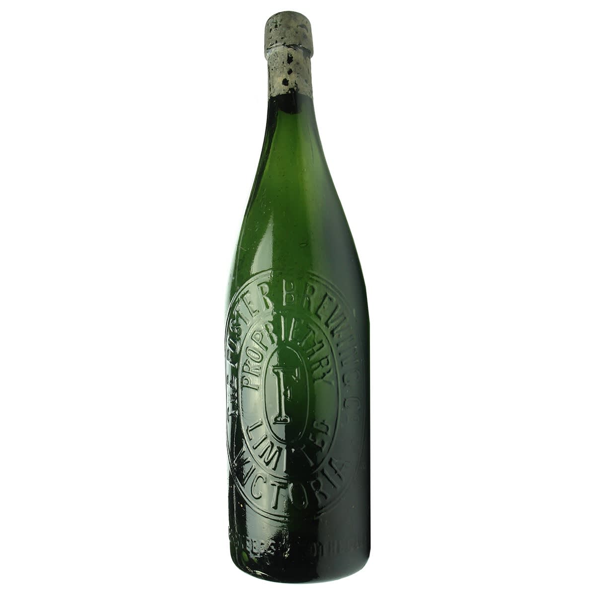 Beer. Foster Brewing Co. Guaranteed Six to the Gallon in one line. Wrap Top. Ft base. Green. 26 oz. (Victoria)