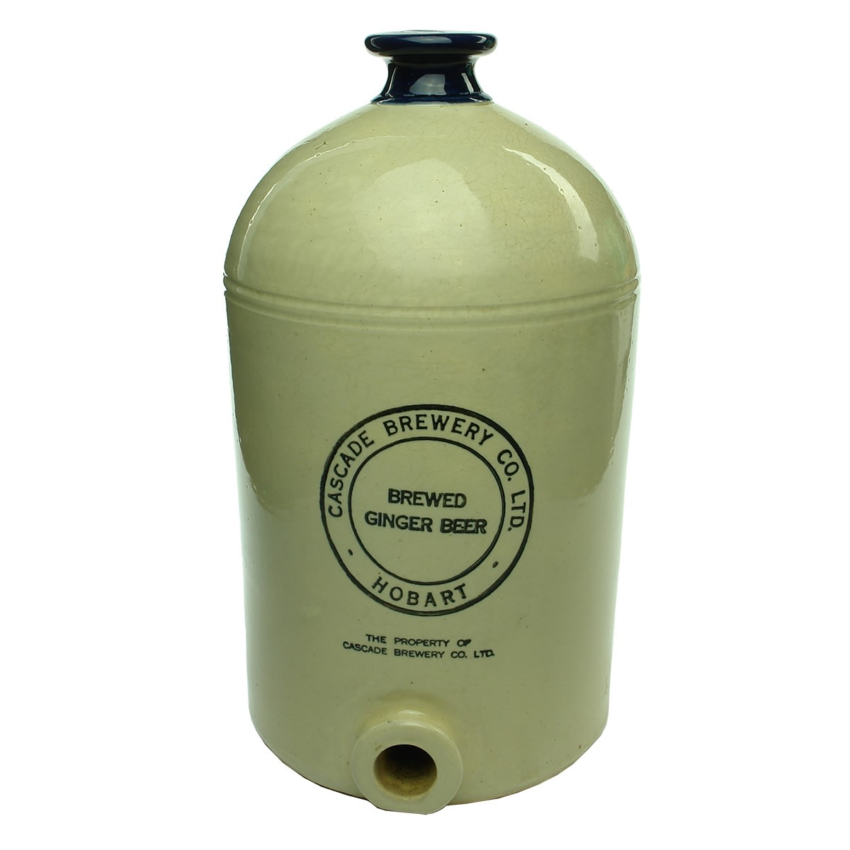 Demijohn. Cascade Brewery Co. Ltd., Hobart. R. Fowler Ltd. Blue Lip. Flared Spigot. 2 Gallon. (Tasmania)