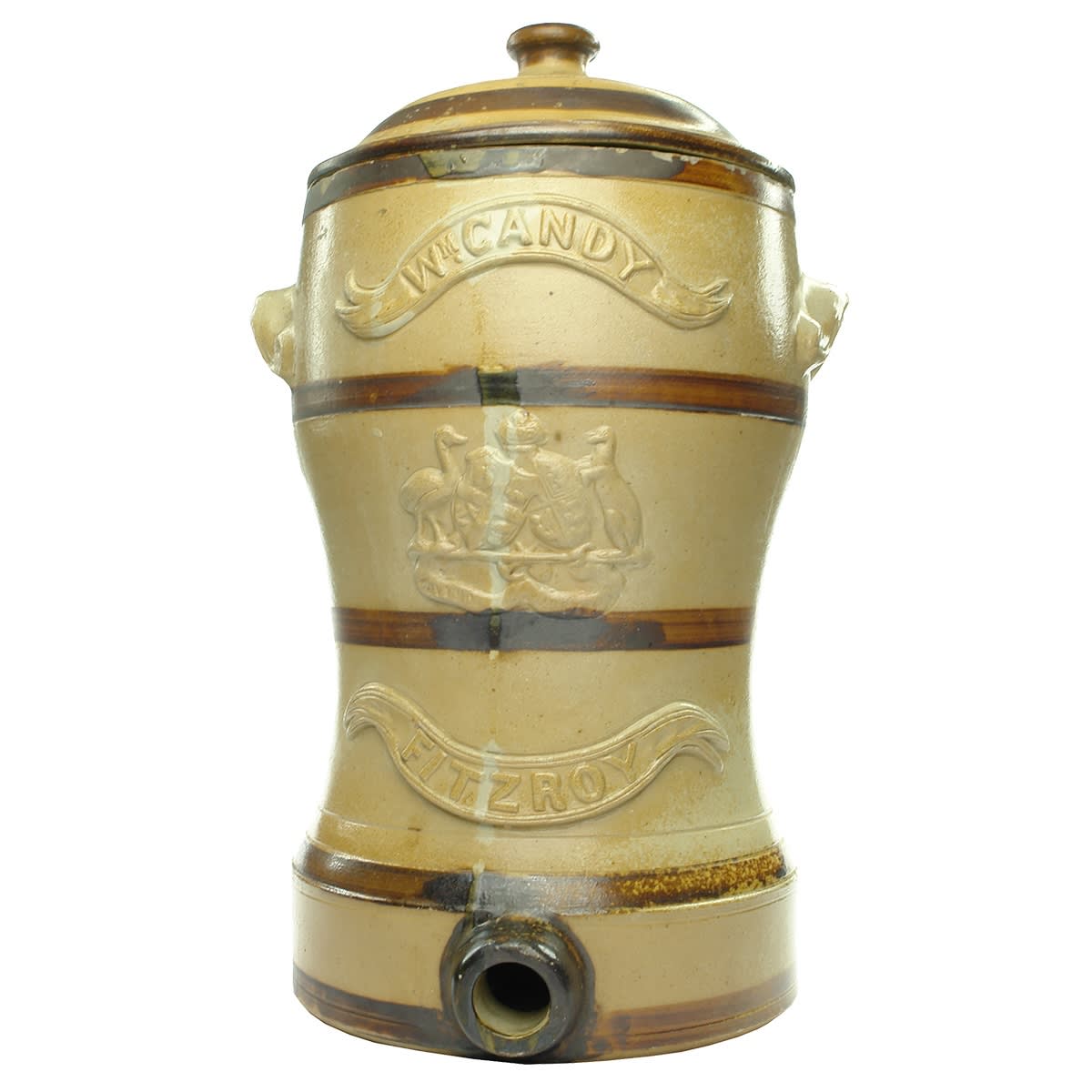 Water Filter. Wm Candy, Fitzroy. Australian Coat of Arms. Waisted. Salt Glaze. 3 Gallon. (Victoria)