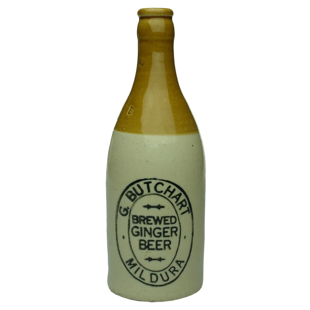 Ginger Beer. G. Butchart, Mildura. Crown Seal. Fowler Pottery. Tan Top. Champagne. (Victoria)