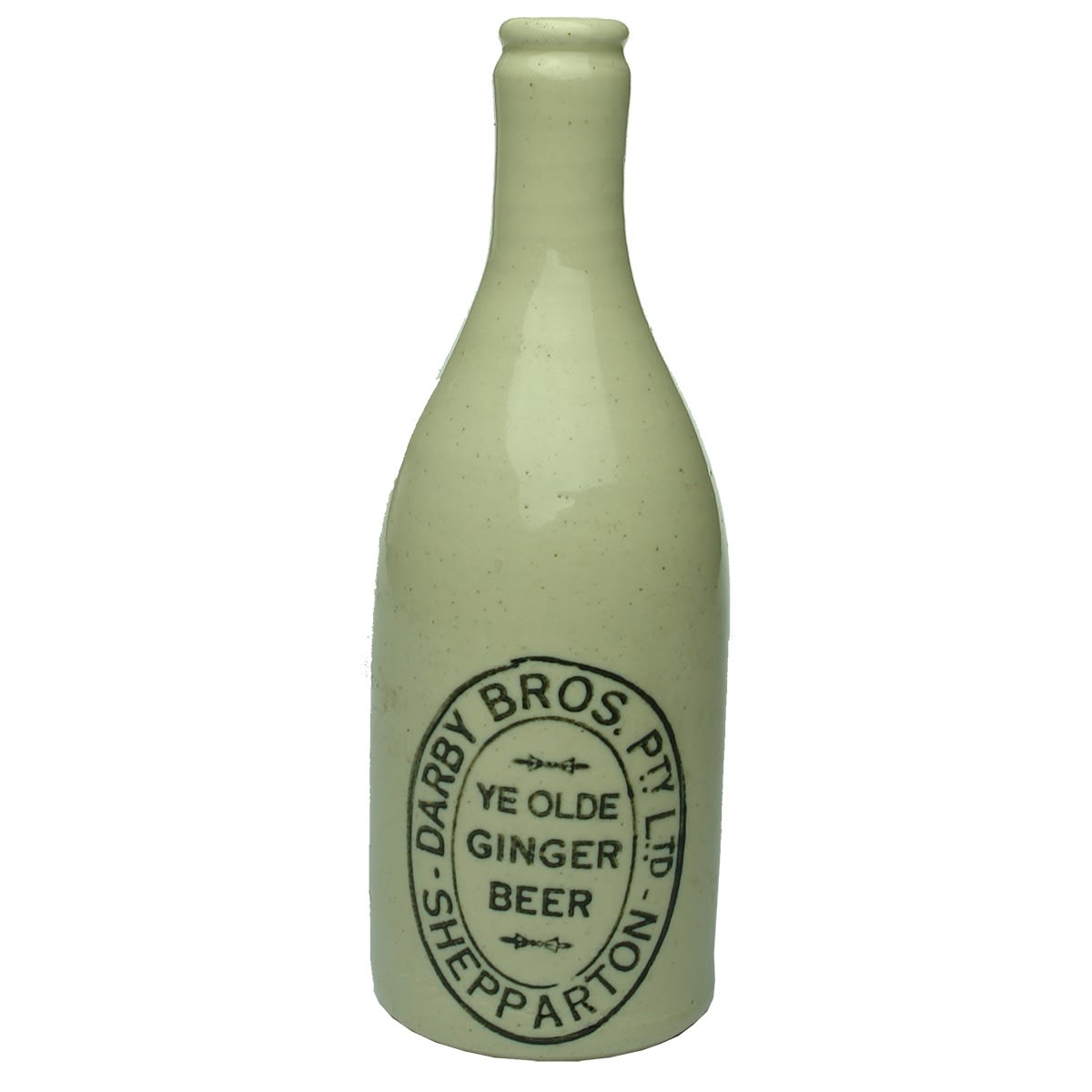 Ginger Beer. Darby Bros. Pty. Ltd. Shepparton. All White. Crown Seal. Fowler Pottery. (Victoria)
