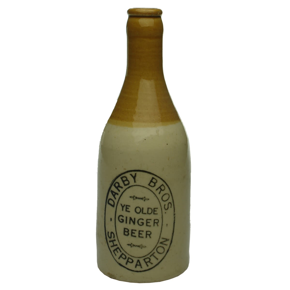Ginger Beer. Darby Bros., Shepparton. Fowler pottery. Crown Seal. Tan Top. (Victoria)