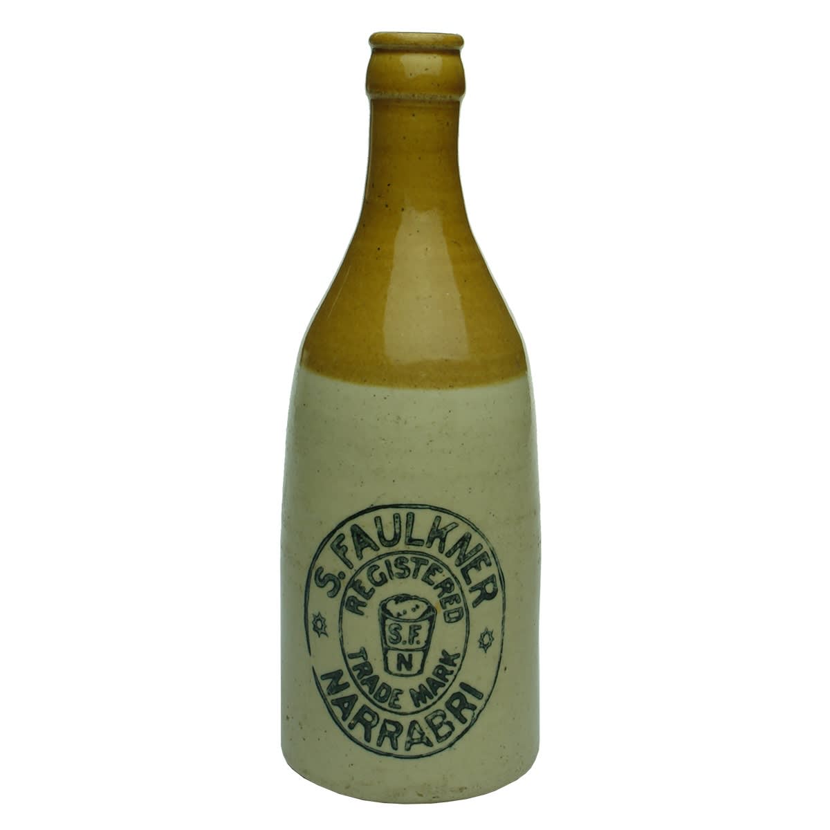Ginger Beer. S. Faulkner, Narrabri. Crown Seal. Glass trade mark. R. Fowler Ltd Sydney stamp. (New South Wales)