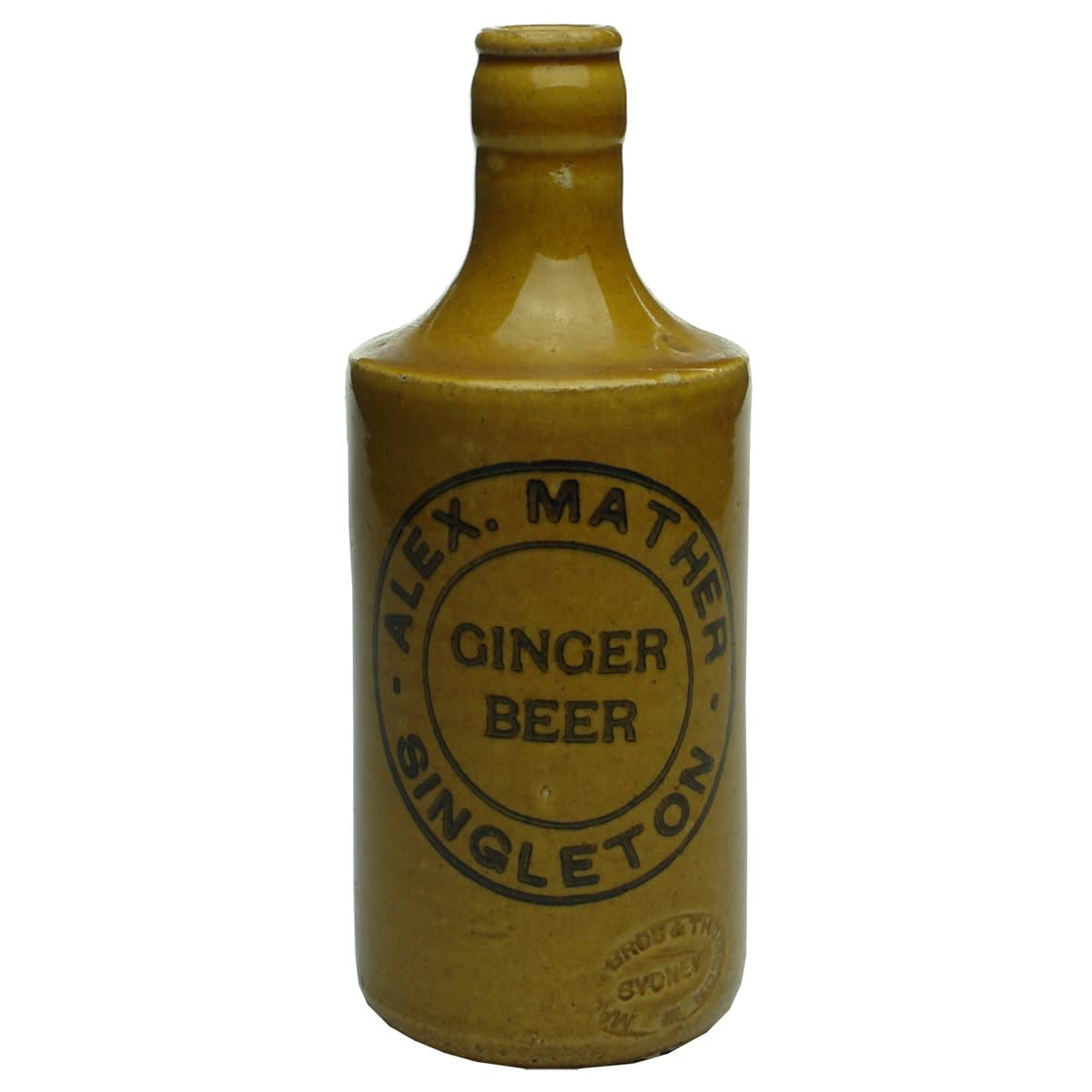 Ginger Beer. Alex. Mather, Singleton. Mauri Bros & Thomson stamp. (New South Wales)