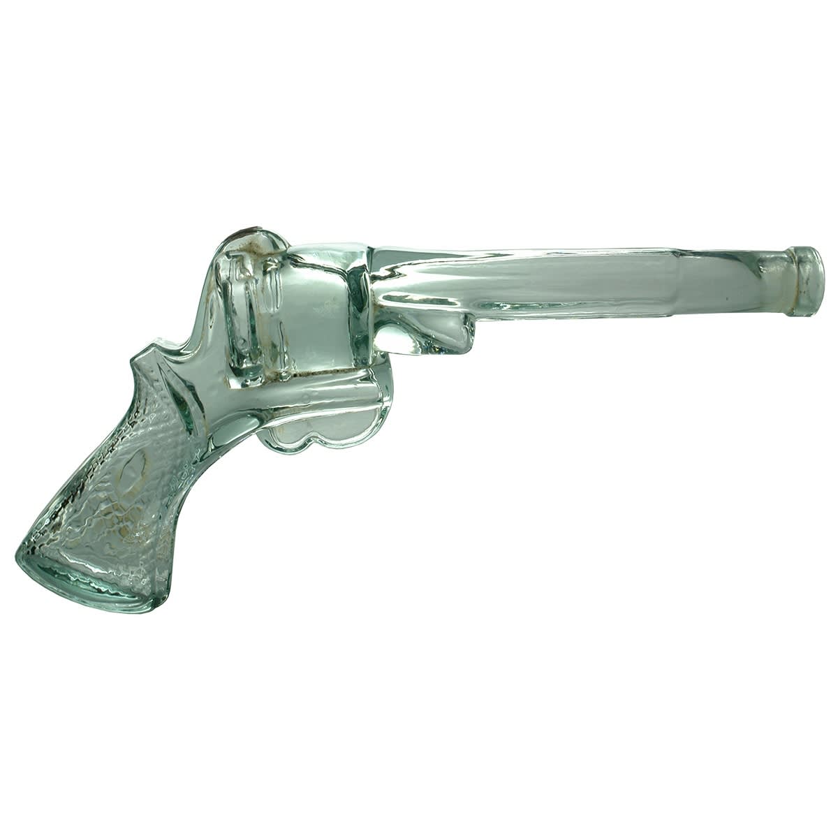 Figural Gun Bottle. Revolver shaped glass bottle. Tool finished top. Aqua.