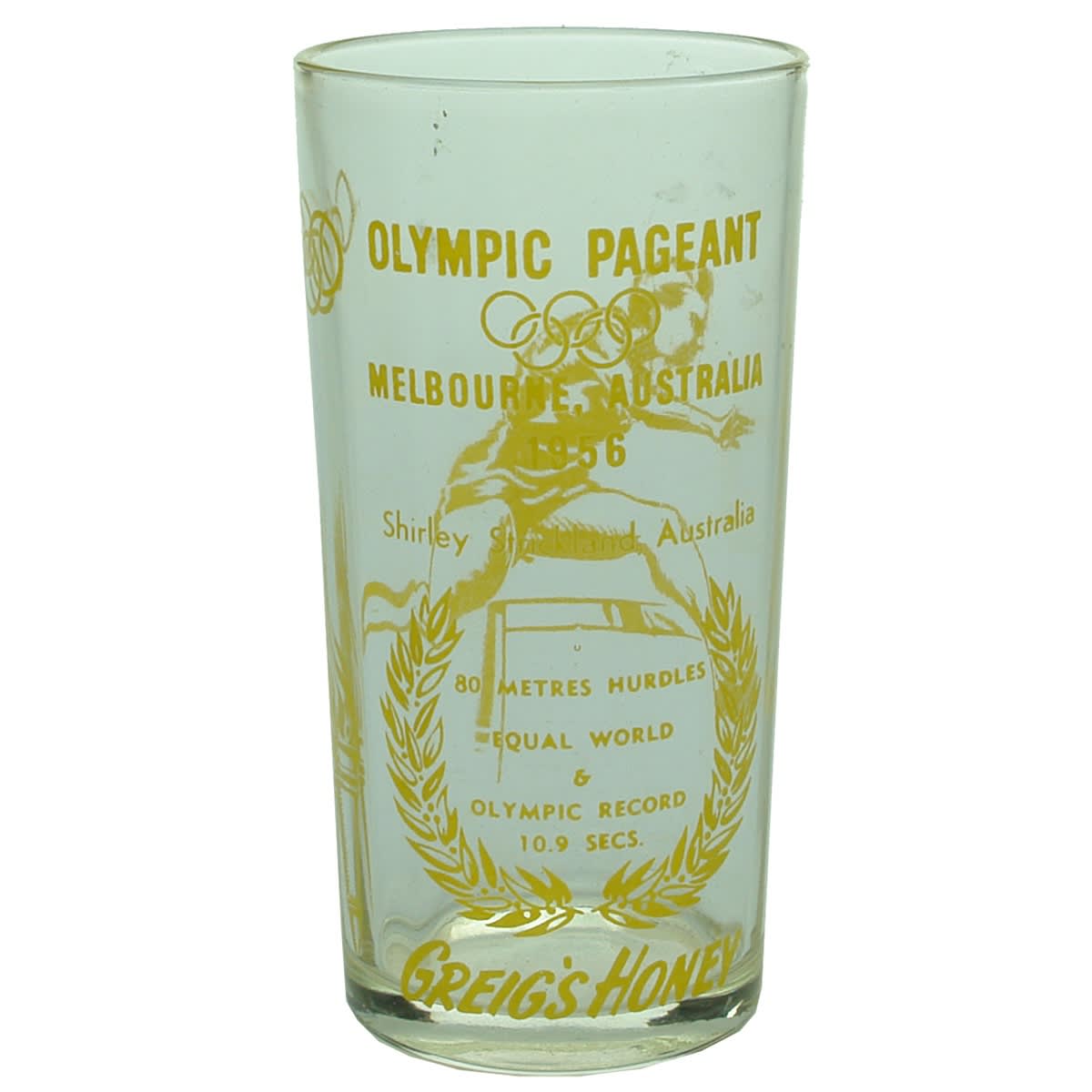 Glass. Greig's Honey Commemorative Glass, Olympic Pageant, Melbourne, Australia, 1956. Shirley Strickland. Yellow Print.
