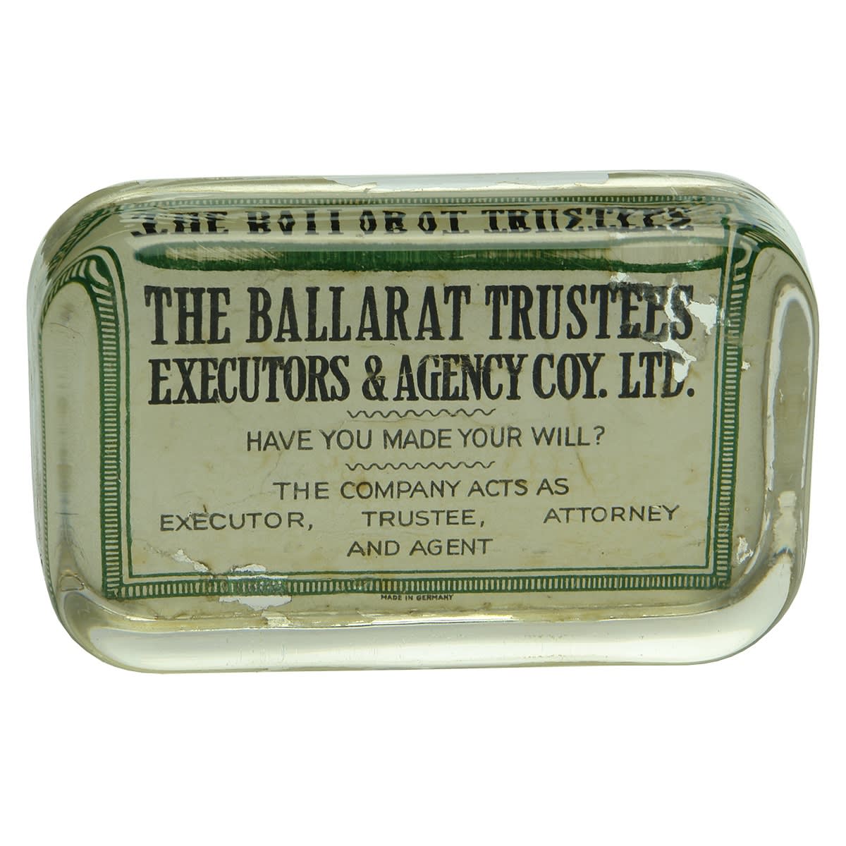 Glassware. The Ballarat Trustees Executors & Agency Coy. Ltd. Glass paperweight. (Victoria)