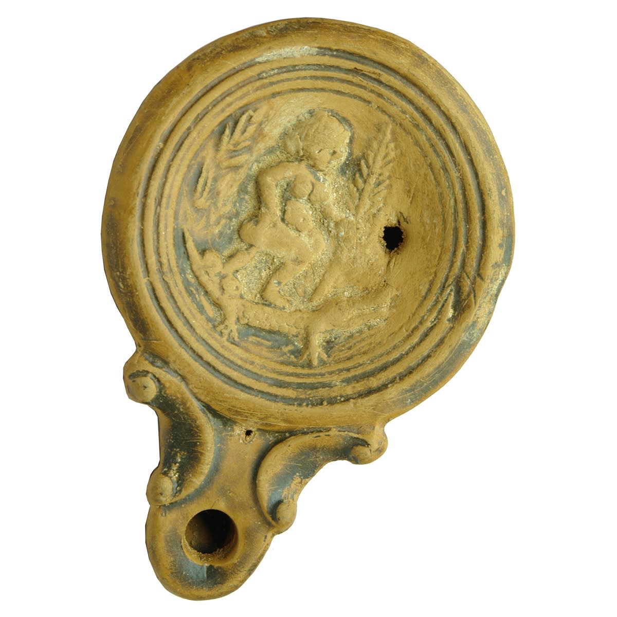 Terracotta Roman Lamp. Crocodile with large human phallus on its back, Woman on top holding a palm leaf. Apparently originally a Propaganda image to represent Cleaopatra and Egypt as being depraved.