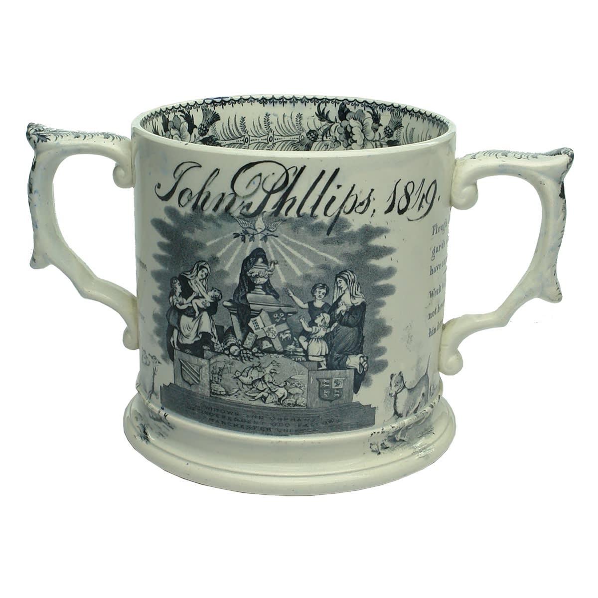 Large Staffordshire Double Handled Mug. Oddfellows Manchester Unity. Widows and Orphans. Poems. John Phillips 1849.