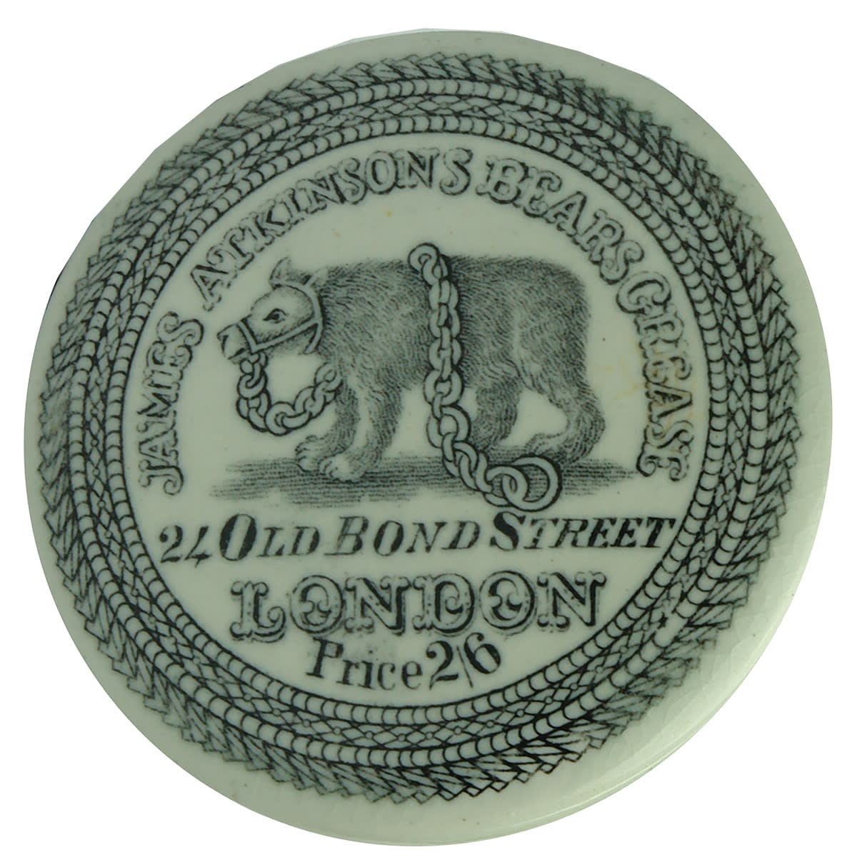 Pot Lid. James Atkinsons Bears Grease. 2/6 size. Black & White. (United Kingdom)