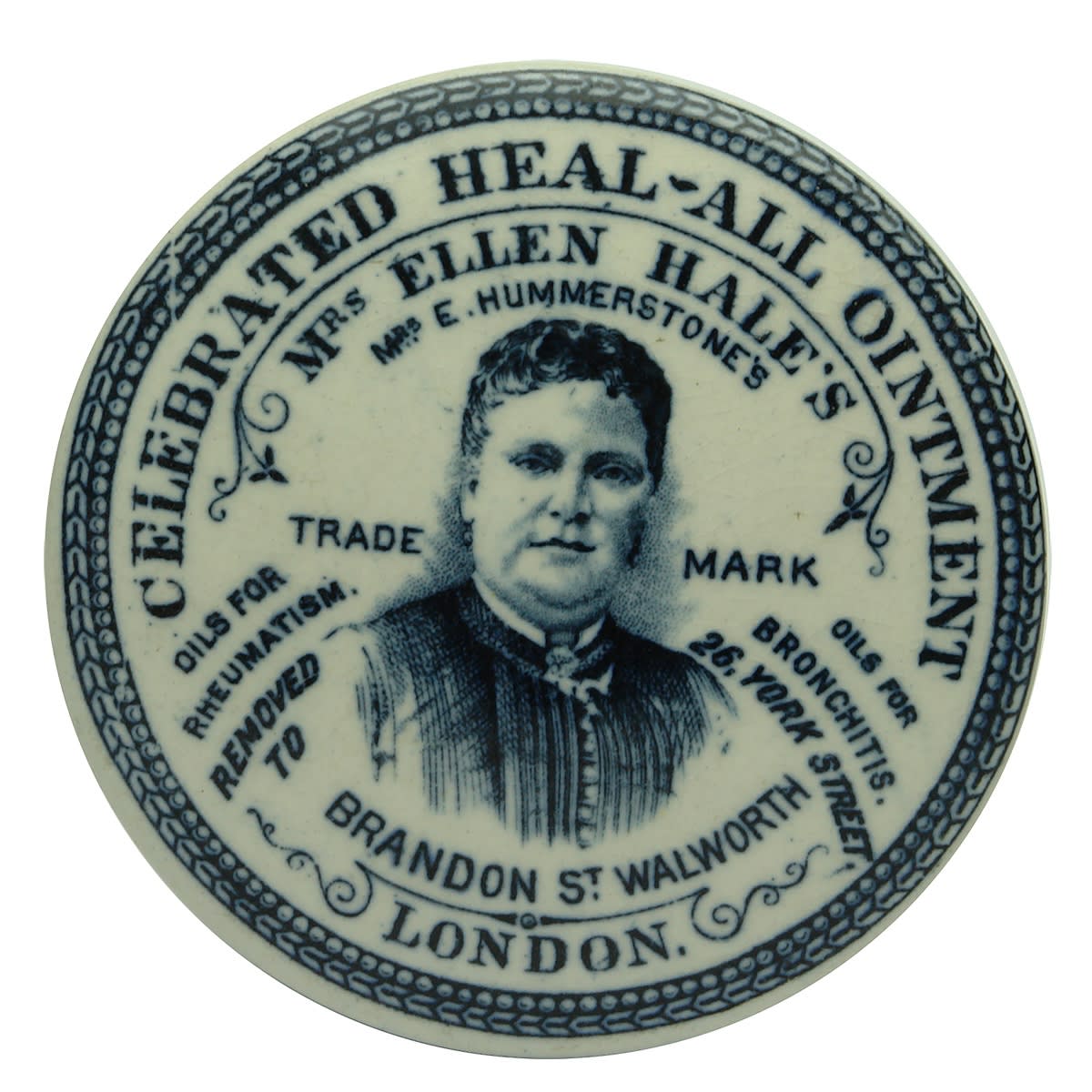 Pot Lid. Ellen Hale's Heal-All Ointment. Black & White (Dark Blue?). (United Kingdom)