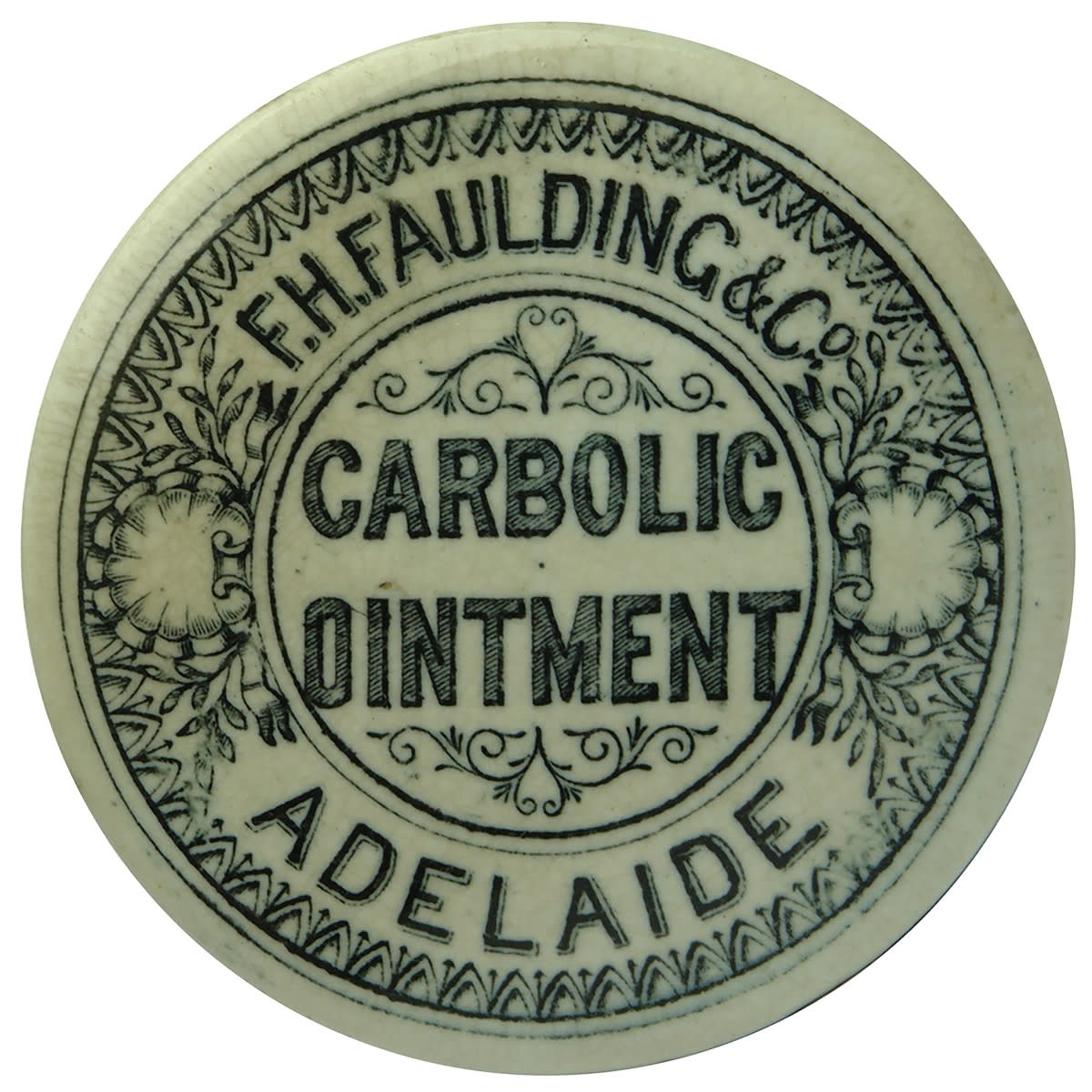 Pot Lid. F. H. Faulding & Co, Carbolic Ointment, Adelaide. 70 mm diameter. (South Australia)