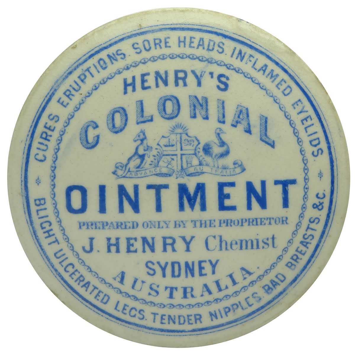 Pot Lid. Henry's Colonial Ointment, Sydney. Blue on White. (New South Wales)