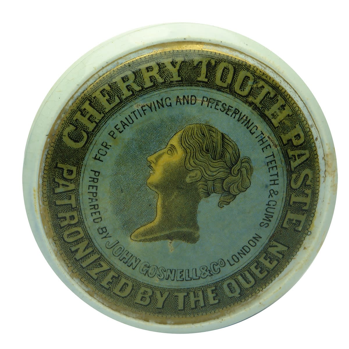Pot Lid. John Gosnell & Co London. Queens Head. Cherry Tooth Paste. Coloured with Bluish background.