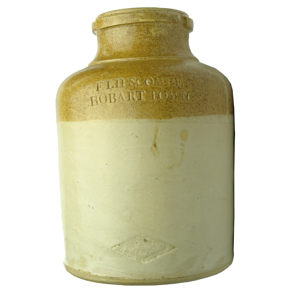 Jar. F. Lipscombe, Hobart Town. Doulton & Watts. Stoneware. (Tasmania)