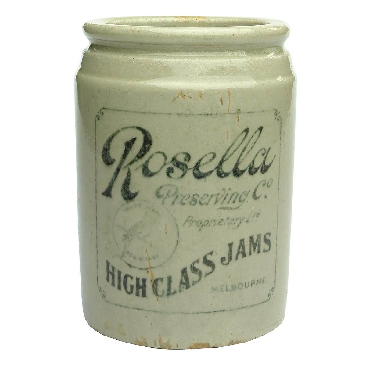 Stoneware Jam Jar. Rosella Preserving Co Pty Ltd. High Class Jams. Melbourne. Black print on white. 2 Pound. (Victoria)
