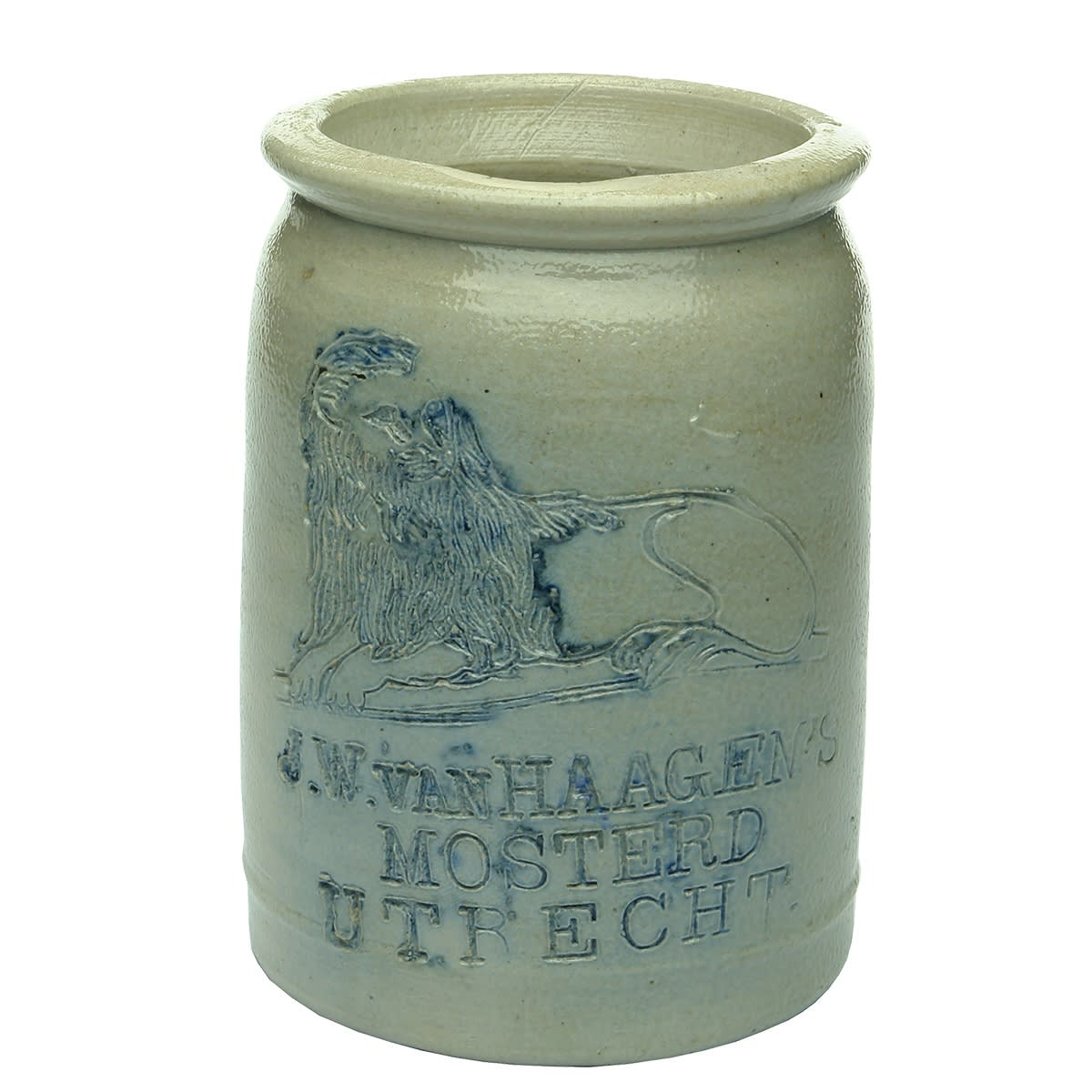 Mustard. J. W. van Haagen's, Mosterd, Utrecht. Lion. Impressed with blue highlights.