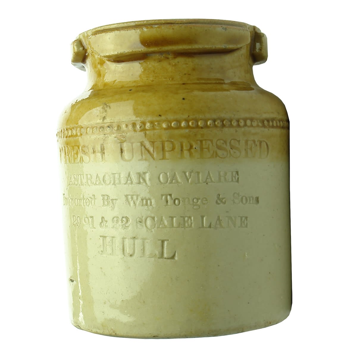 Stoneware Jar. Astrachan Caviare, Wm Tonge & Sons Scale Lane Hull. Doulton & Watts pottery. Threaded type top.