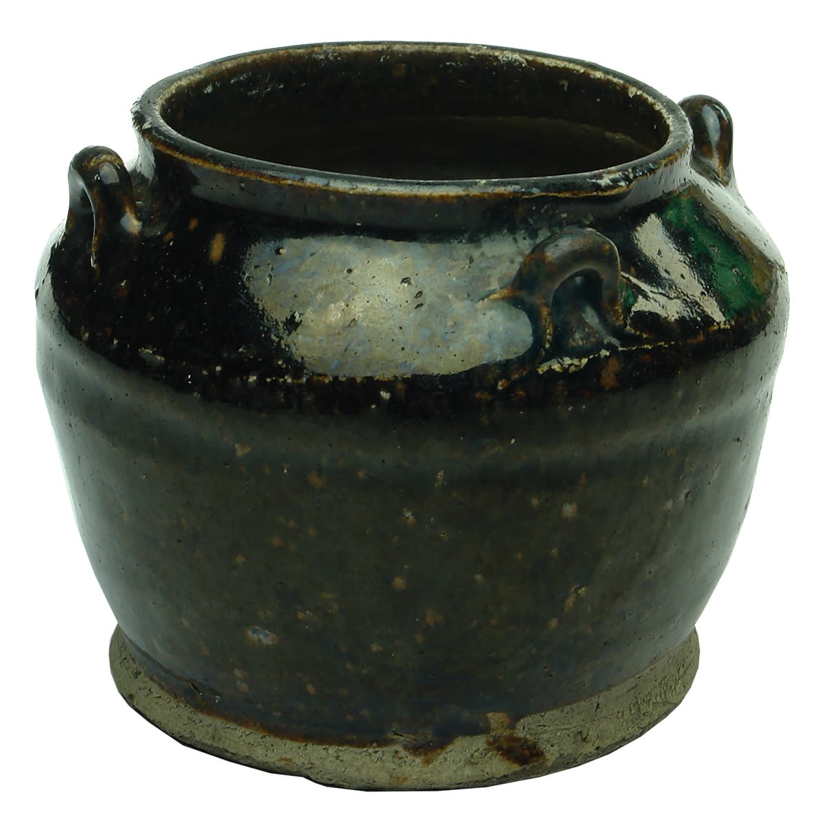 Chinese. Wide Mouth Bean Jar With Four Loops. Chocolate Glaze. 100 mm. (China)