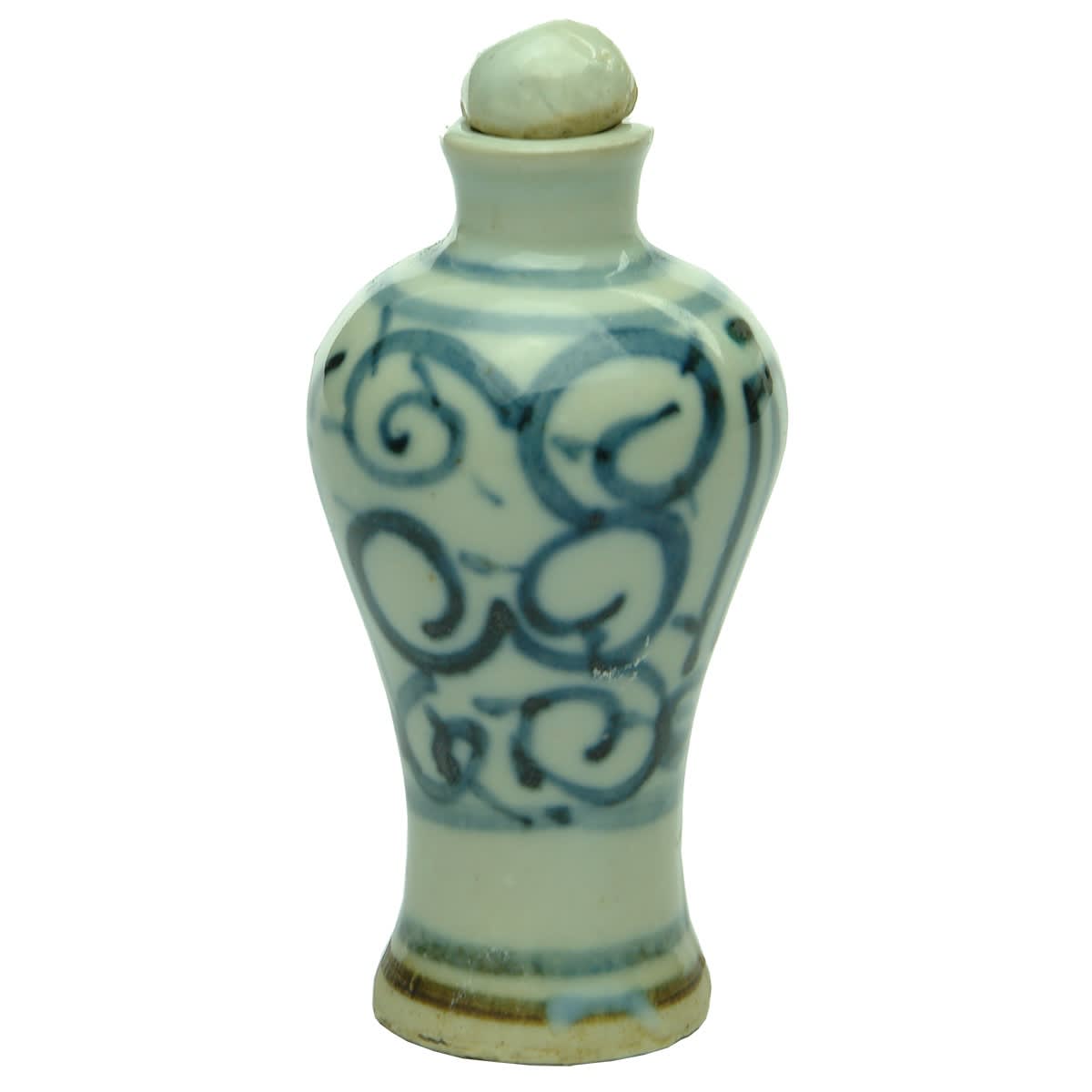 Chinese. Brown, Blue and White Snuff Bottle with Lid. (China)