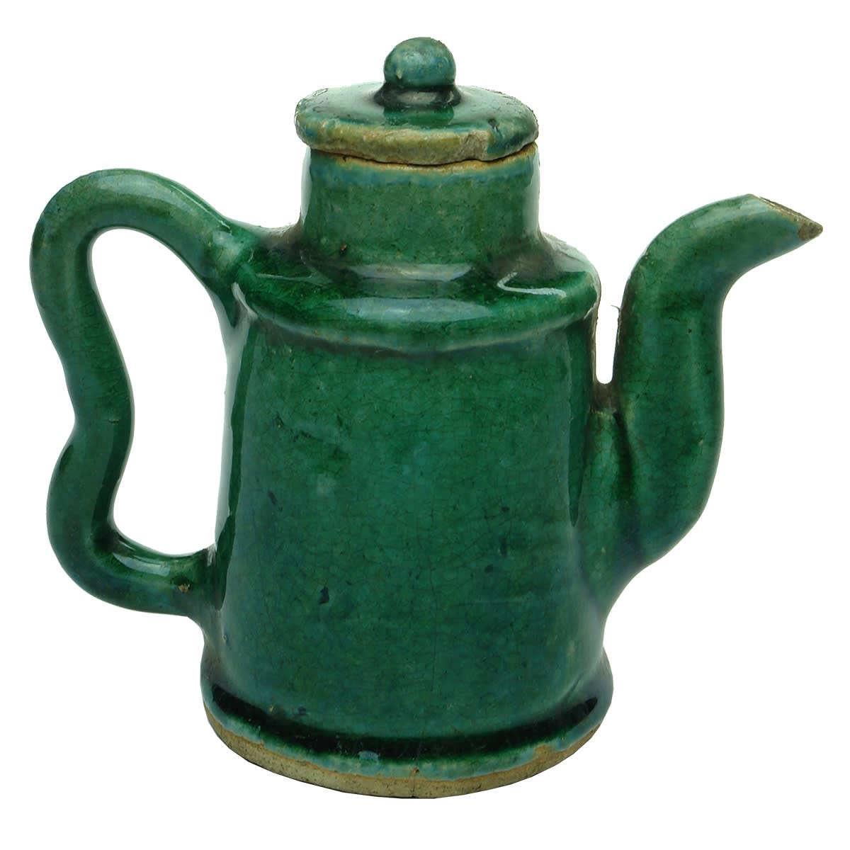 Chinese. Jade Coloured Chinese Teapot with Lid. Characters Under Base. 105 mm. (China)