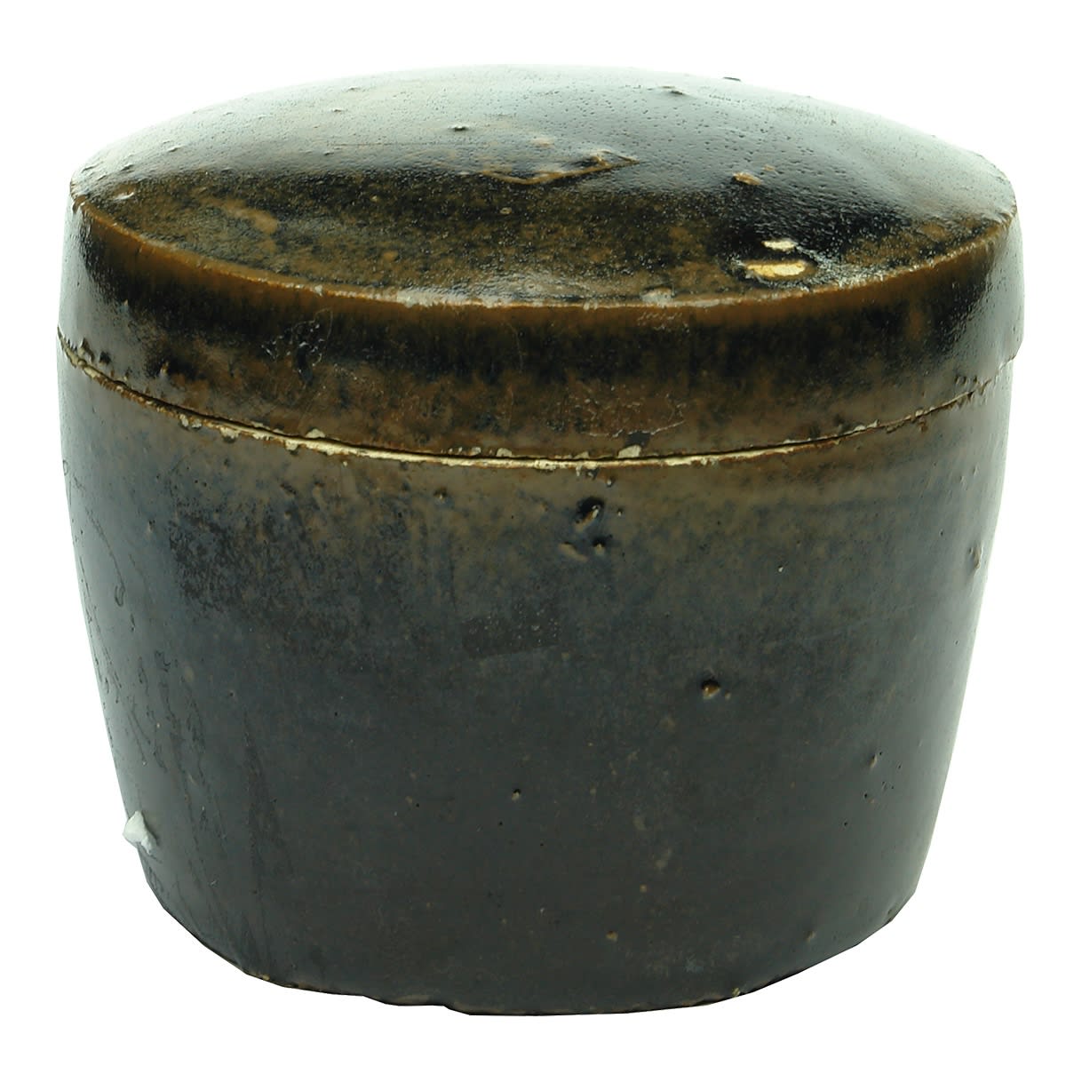 Chinese. Large Lidded Cylindrical Container With Chinese Characters in Small Diamond on Lid and Under Base. Chocolate Glaze.