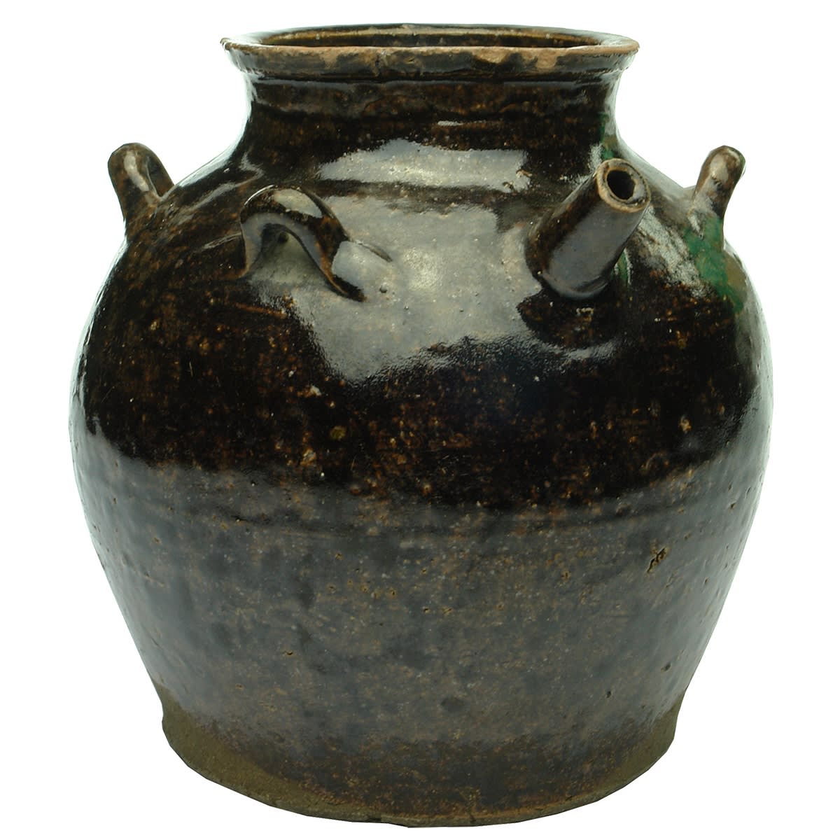Chinese. Medium jar with spout and handle, with four shoulder loops as well. Wide mouth. Chocolate Glaze. (China)