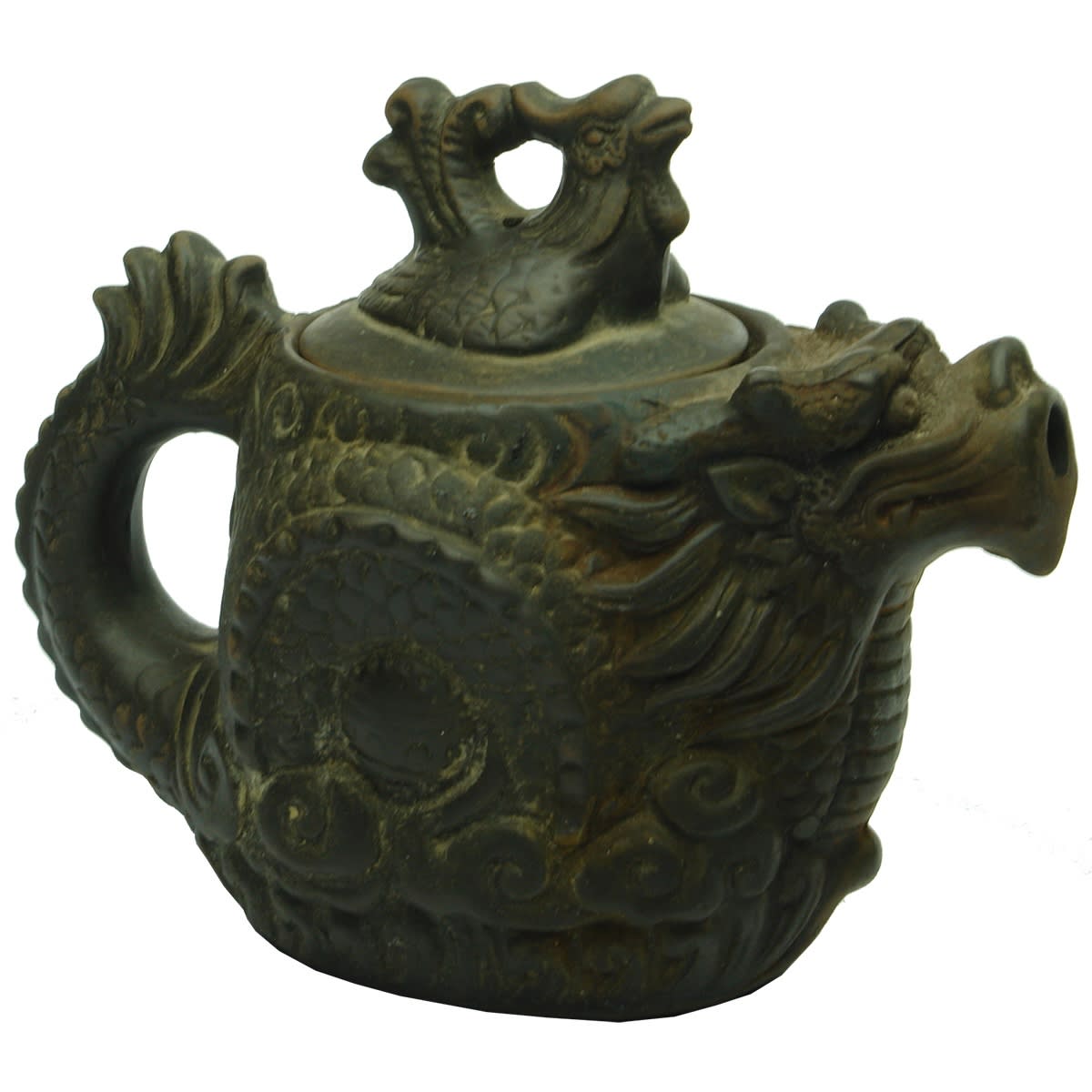 Chinese. Purple clay teapot, Traditional Chinese Teapot with Dragon and Phoenix. Chinese characters to base. (China)