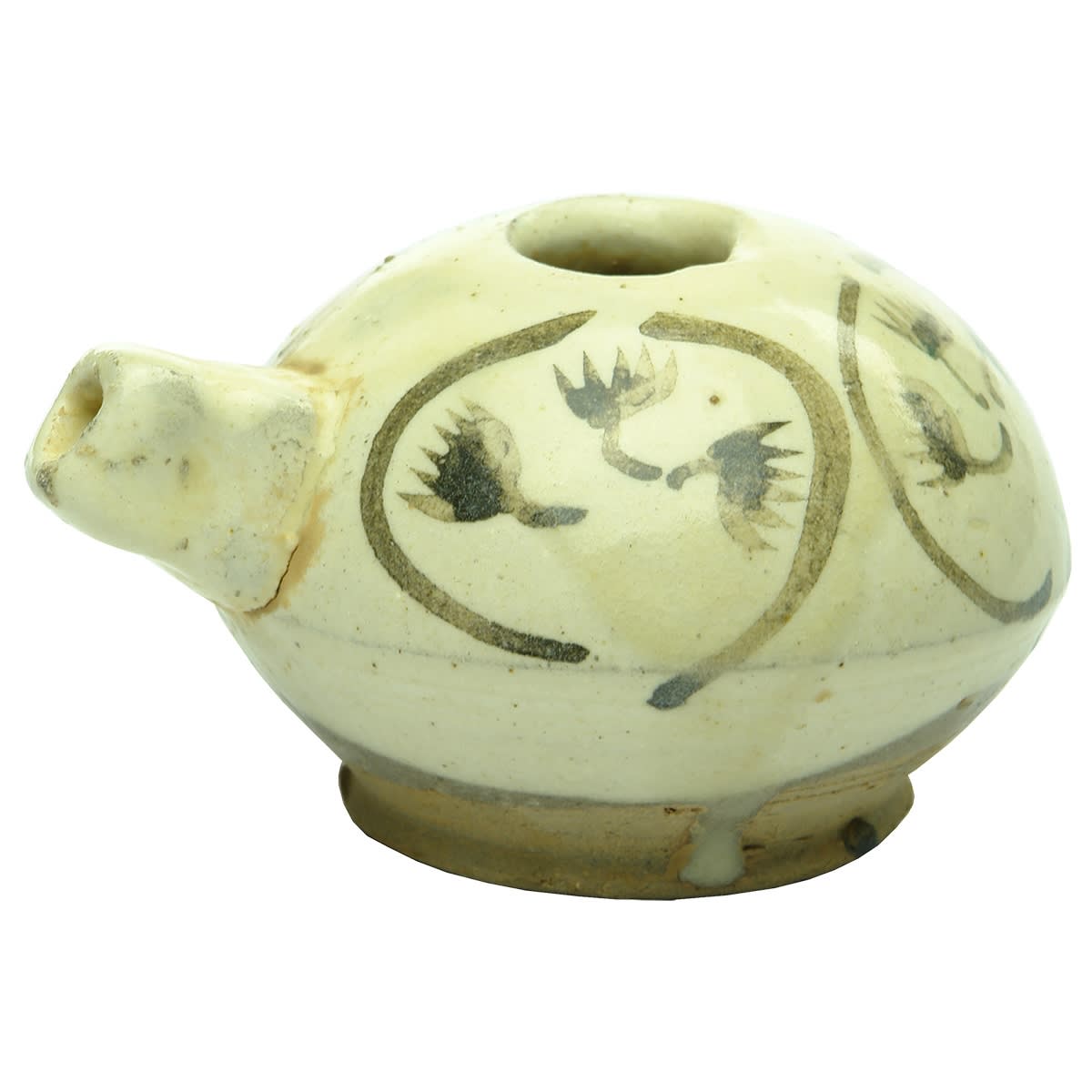 Chinese. Small Chinese Oil Lamp, cream coloured jar with grey design, square spout and small circle opening to top.