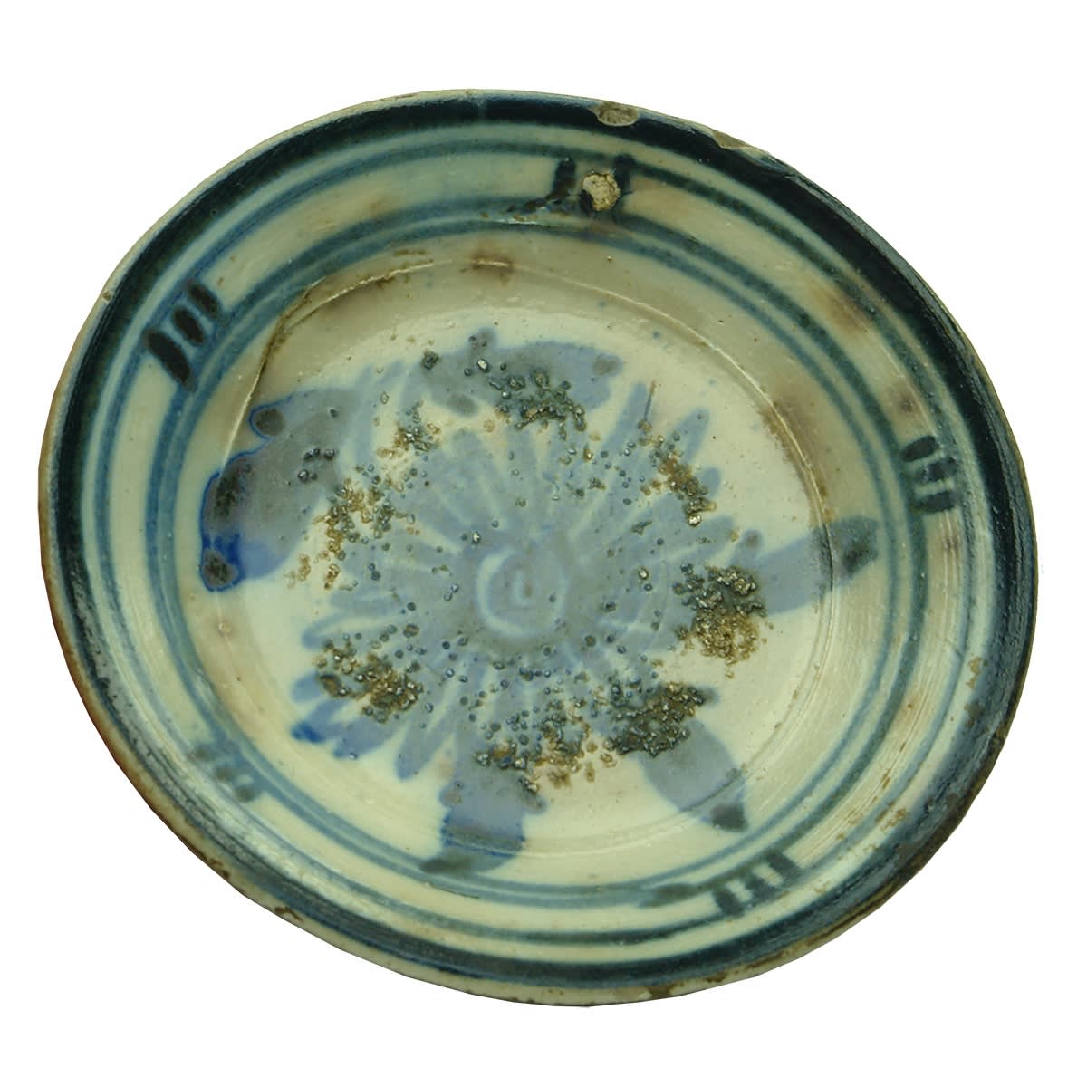 Chinese. Small light grey and dark blue dish.