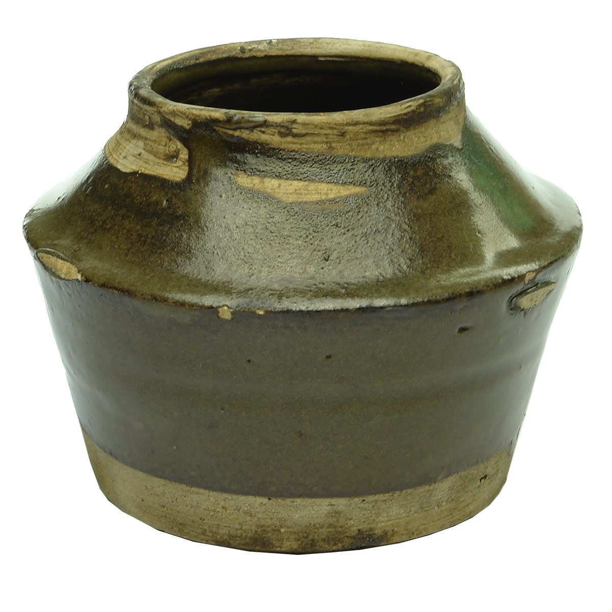 Chinese. Unusual Bean Jar with Sharp Shoulder. Chocolate Glaze.