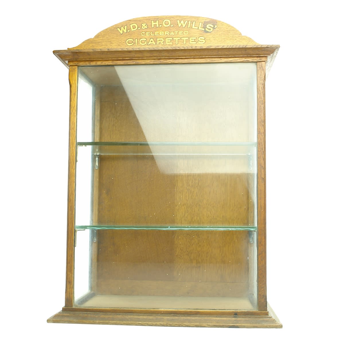 Small Wooden & Glass shop display cabinet. W. D. & H. O. Wills' Celebrated Cigarettes. (Not for post. Arrangements will have to be made by winning bidder for pickup or courier delivery)
