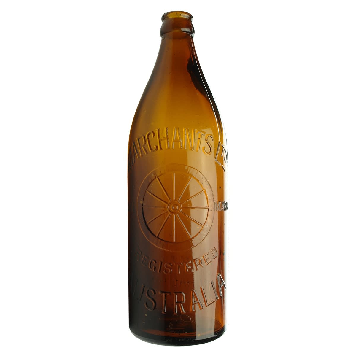 Crown Seal. Marchants Ltd, Australia. Wheel trade mark. Amber. 24 oz. 1917.