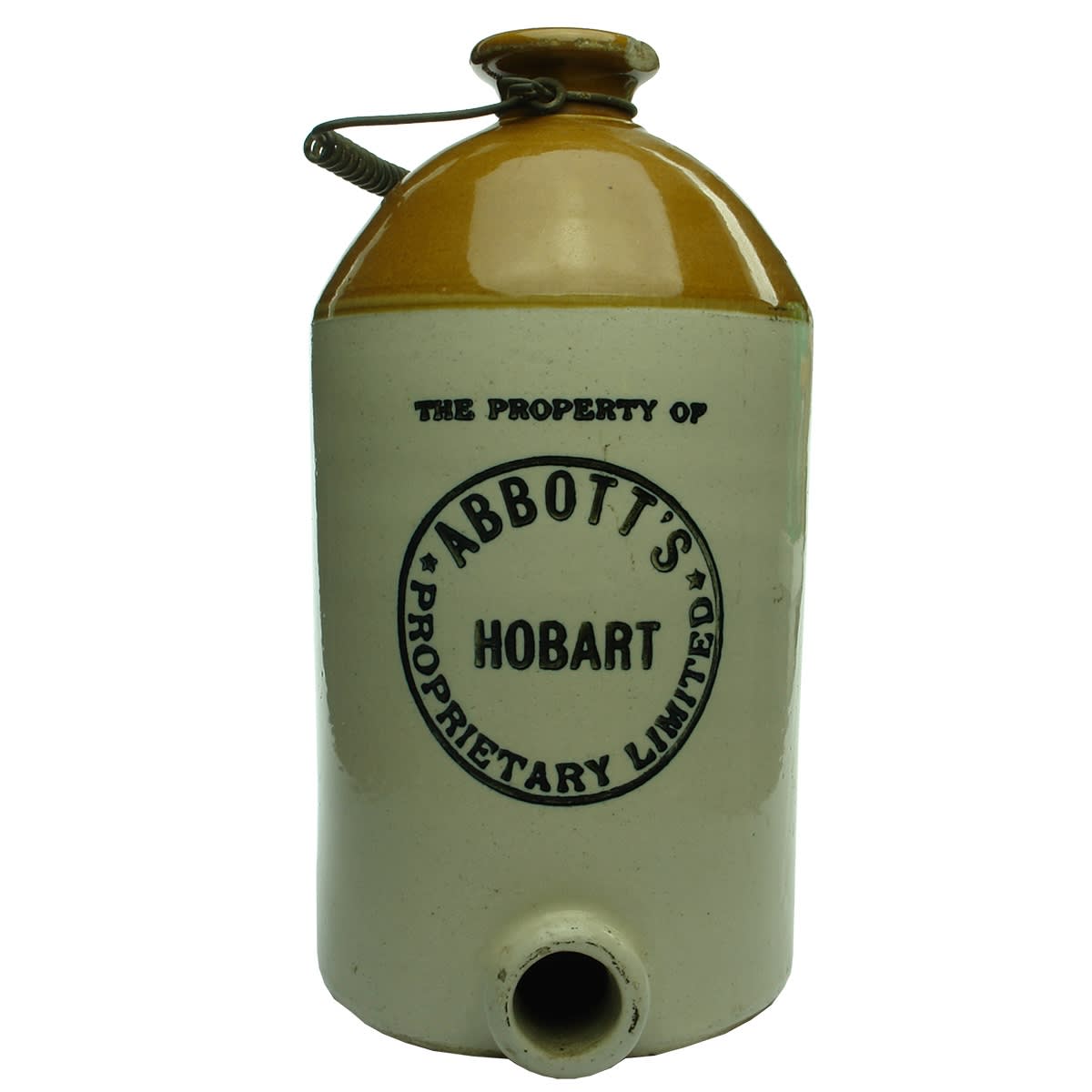 Demijohn. Abbott's Proprietary Limited, Hobart. Round Badge. Spigot. R. Fowler Ltd., Sydney. Tan Top. 1 Gallon. (Tasmania)