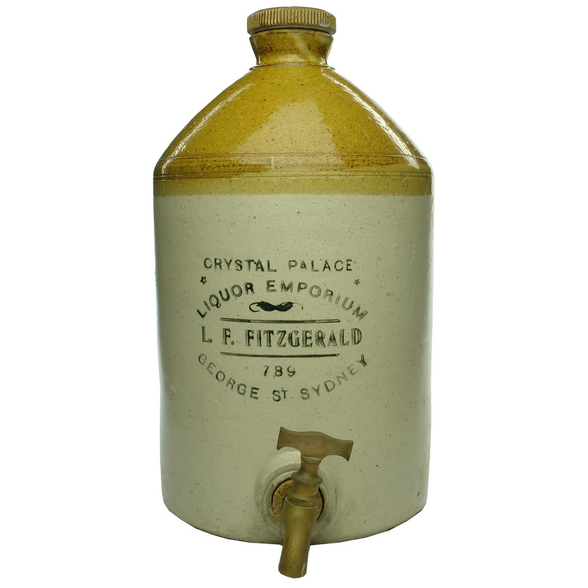 Demijohn. L. F. Fitzgerald, Crystal Palace Liquor Emporium. George St., Sydney. 2 Gallon. Internal Thread. Spigot & tap. (New South Wales)
